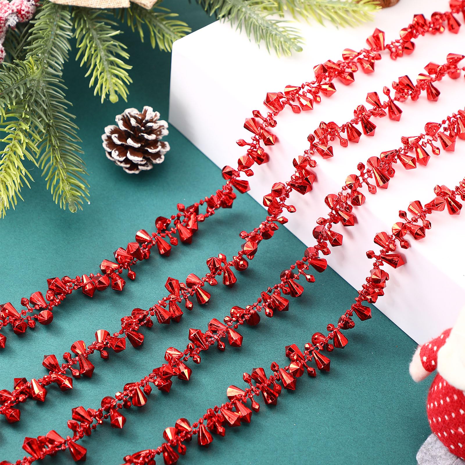 Aoriher Lot de 4 rouleaux de guirlandes de Noël transparentes de 25,4 m avec perles en acrylique et perles torsadées à suspendre pour fête de Noël (rouge)
