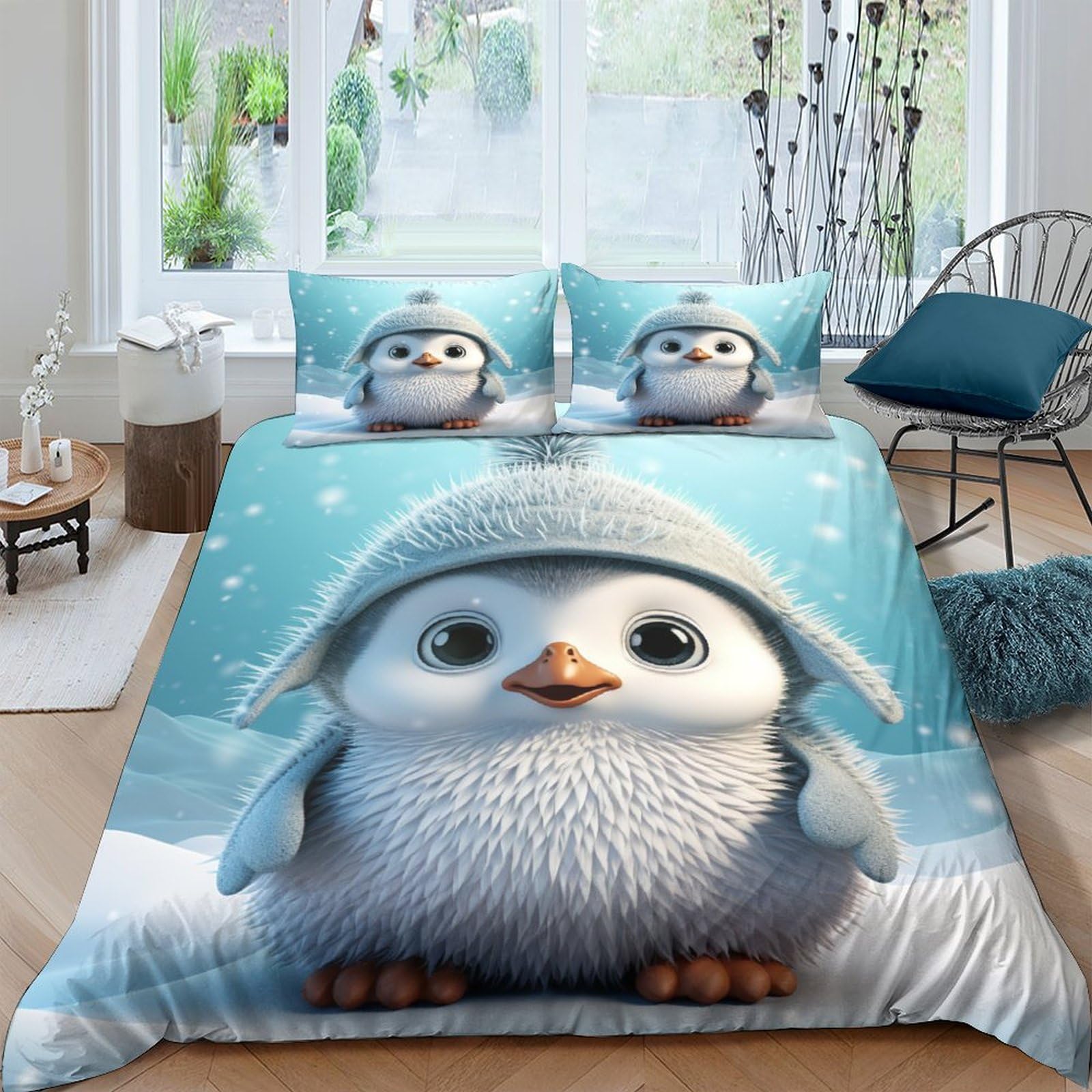 Housse de couette respirante 3D Pingouin en microfibre super douce 200x200