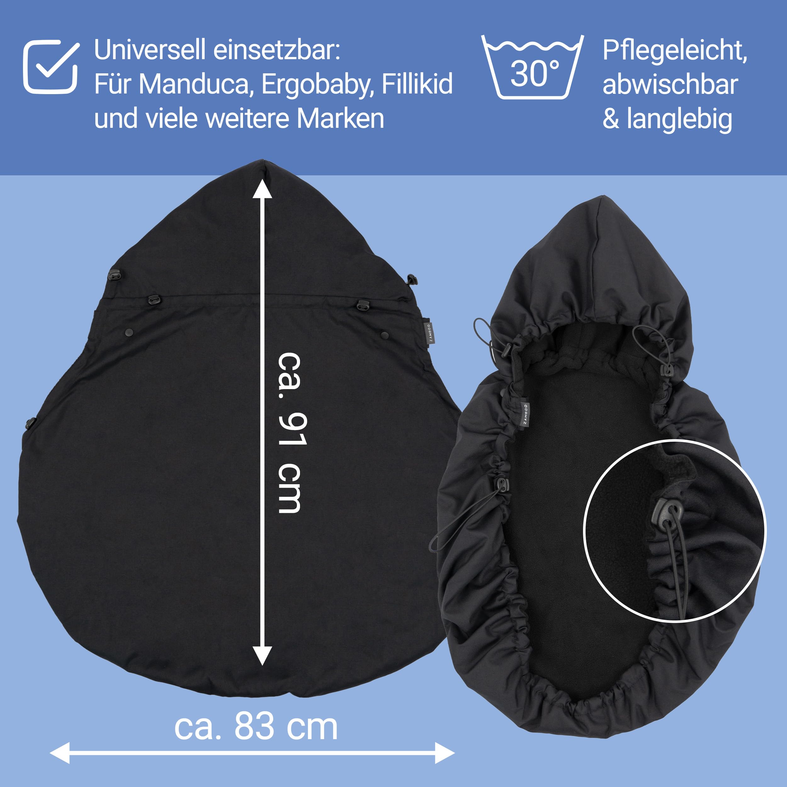 Zamboo Universal Babytrage Cover | Warmer Fleece Wetterschutz für viele Bauchtragen, kompatibel mit Ergobaby, Manduca, Ruckeli uvm. | OEKO-TEX Standard 100 zertifiziert - Schwarz