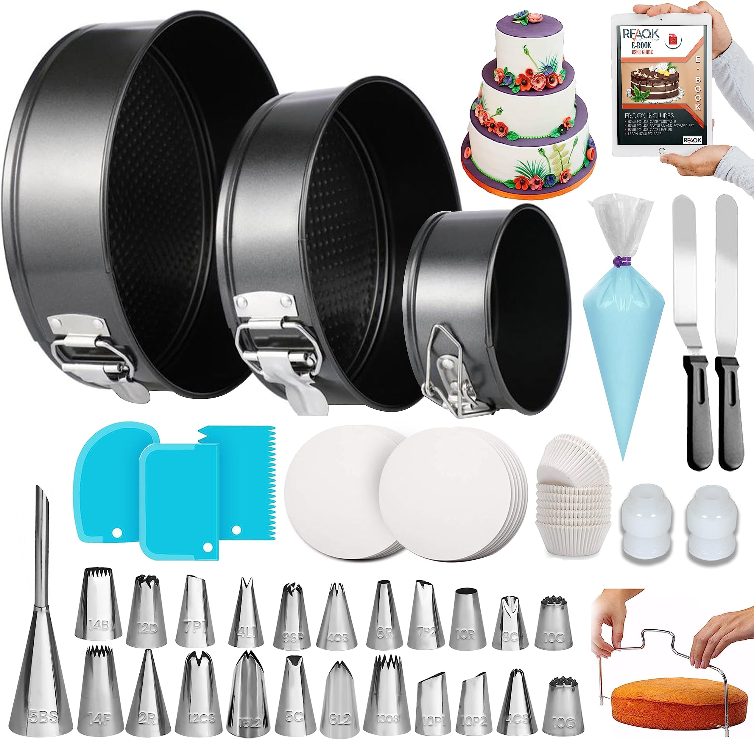 RFAQK 150PCs Cake Pan Sets for Baking + Cake Decorating Kit: 3 Non-Stick Springform Pans Set (4, 7, 9 inches), Piping Tips, Cake Leveler โ Multi-functional Leak-Proof CheeseCake Pan & eBook