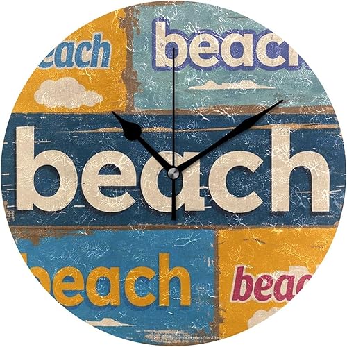 Vintage Poster Beach 10 Inch Round Indoor Wall Clock Non Ticking Easy to Read for Hotel Dining Room Dining Room reloj de pared para cocina