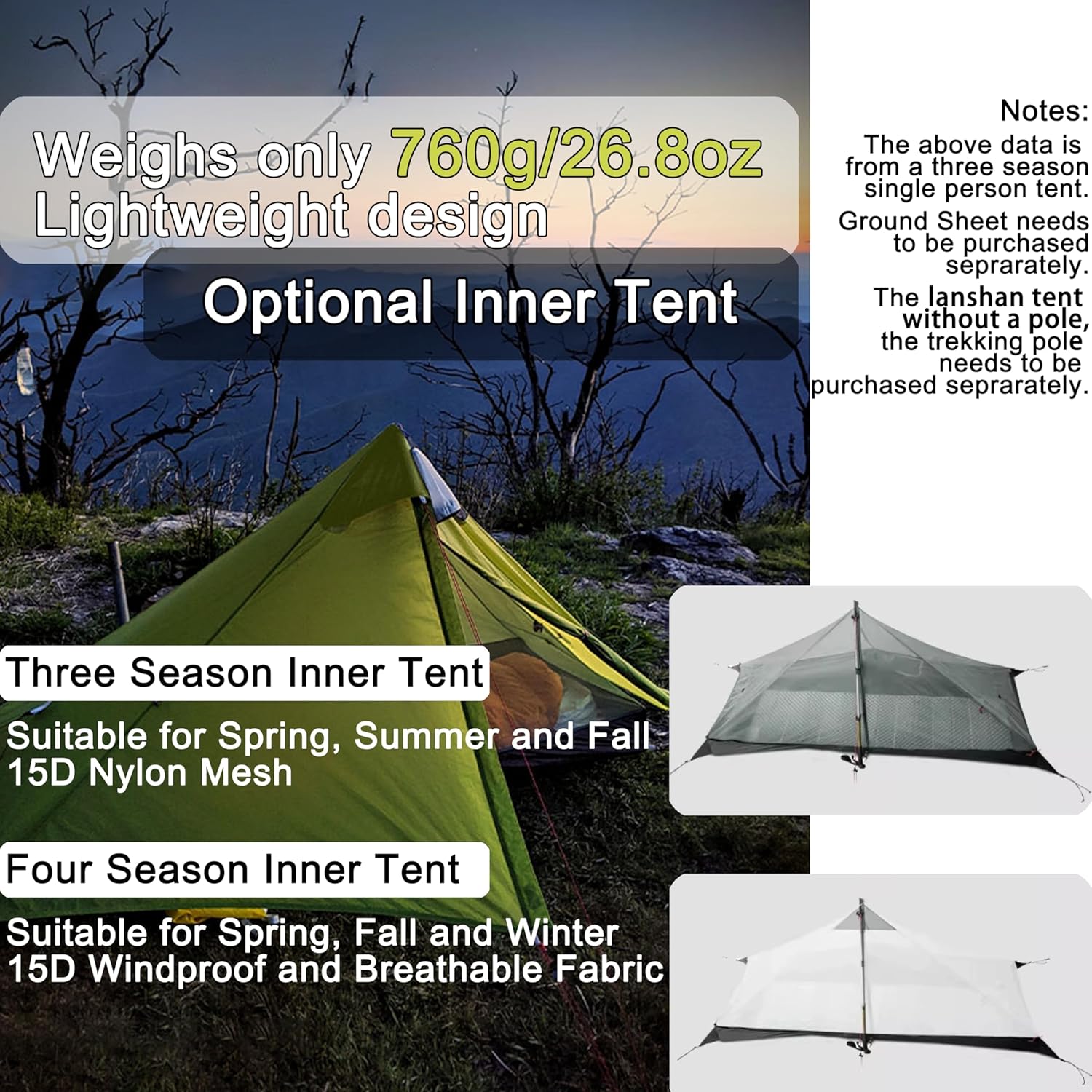 3F UL Gear 1/2 Ultralight Backpacking Tent Weighs only 26.8oz 15D Customized Single Silicon Fabric Waterproof 5000+mm 3/4 Season Inner Tent for 1/2 Person