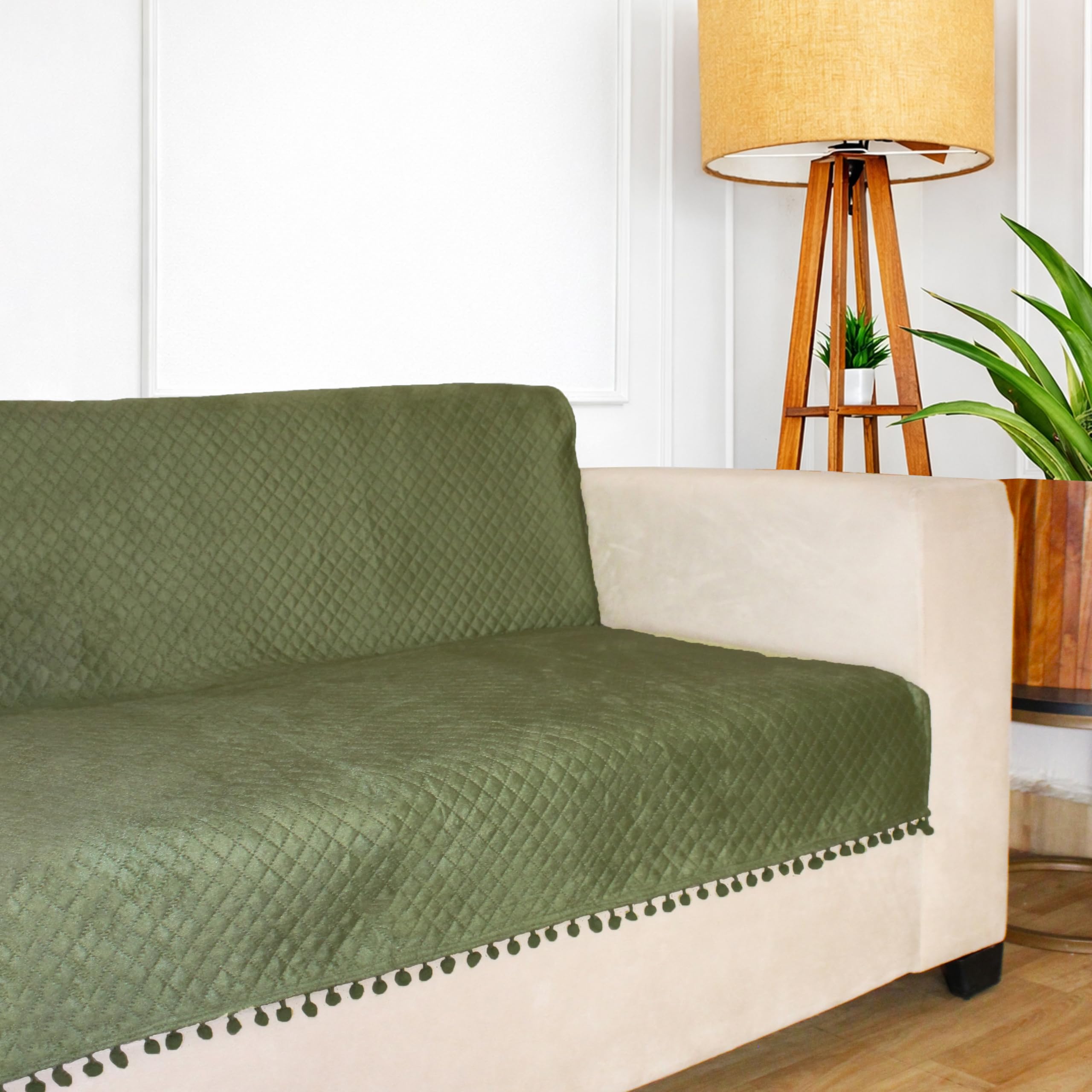 STITCHNEST 'Maison Plush Series' Quilted Velvet Sofa Cover 2 Seater Fully Covered | Premium Soft Fabric, Washable & Fade Resistant | Olive Sofa Protector with Pompom | Size 48x60 Inch