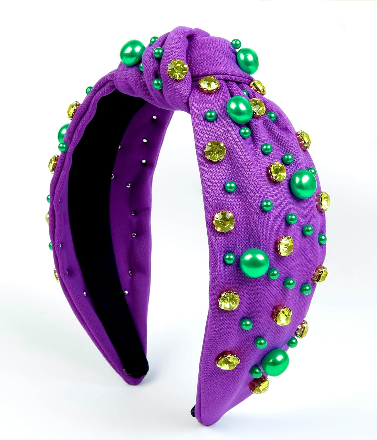 Huachi Mardi Gras Headband for Women Pearl Rhinestone Women Headbands Knotted Head Band for Women’s Hair Carnival Party Purple Green Gold Headpiece Mardi Gras Outfits Hair Accessories