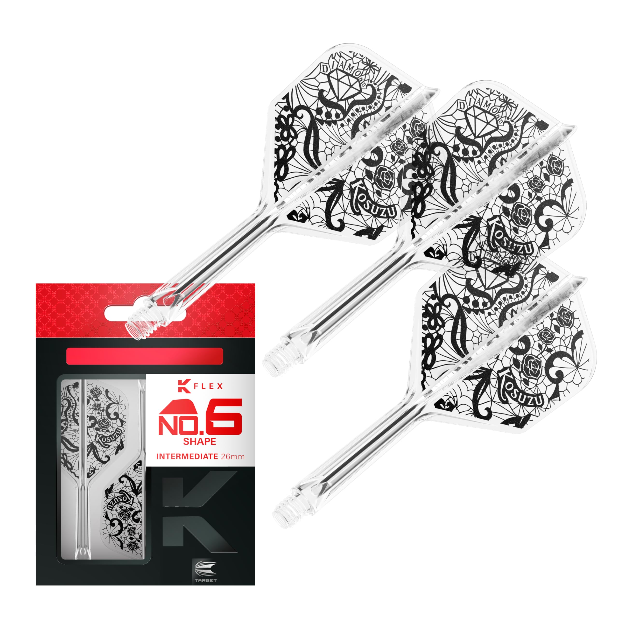 Target Japan Diamond K Flex Dart Flights and Shaft System, No.6 | Pack of 3 Kflex All In One Flight, Player Edition Kosuzu Iwao Darts Accessories | K-Flex Dart Stem – Intermediate (26mm)