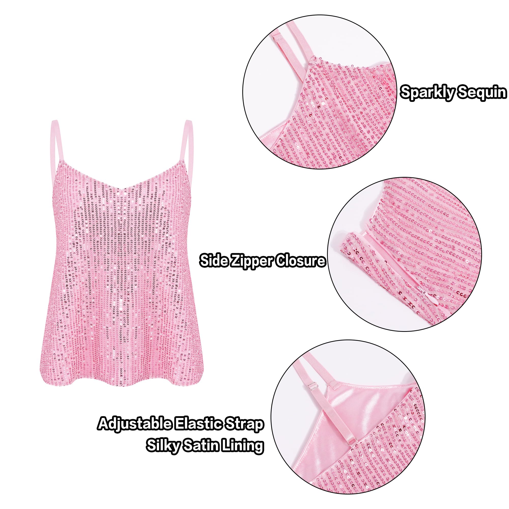 Canottiera da donna con paillettes, scollo a V, spalline sottili, luccicante, senza maniche, canotta da discoteca