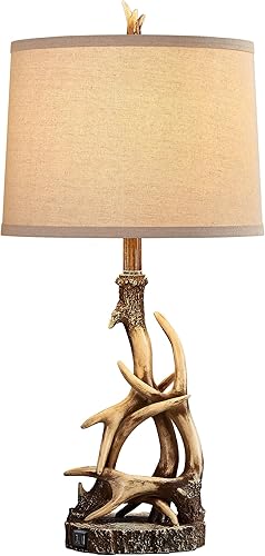 Miniatura 8 de Lámpara de mesa rústica de 27.25 pulgadas de alto, lámparas de cornamenta de ciervo para sala de estar, mesa auxiliar con puerto USB, lámparas de