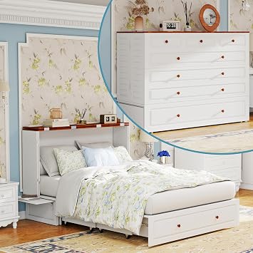 Murphy Bed Queen Cabinet Without Mattress White Brown Murphy Bed Cabinet with Charging Station & Removable Shelves, Space Saving Wall Chest Bed with 2 Storage Drawer for Home