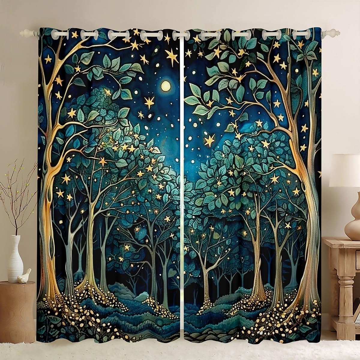 Erosebridal Fantasy Stars Curtains 42" Wx90 L, 2 Panels Bohemian Night Darkening Drapes Girls Botanical Woodland Tree Retro Art Dreamy Window Treatments Abstract Mysterious Aesthetic Blackout Shades
