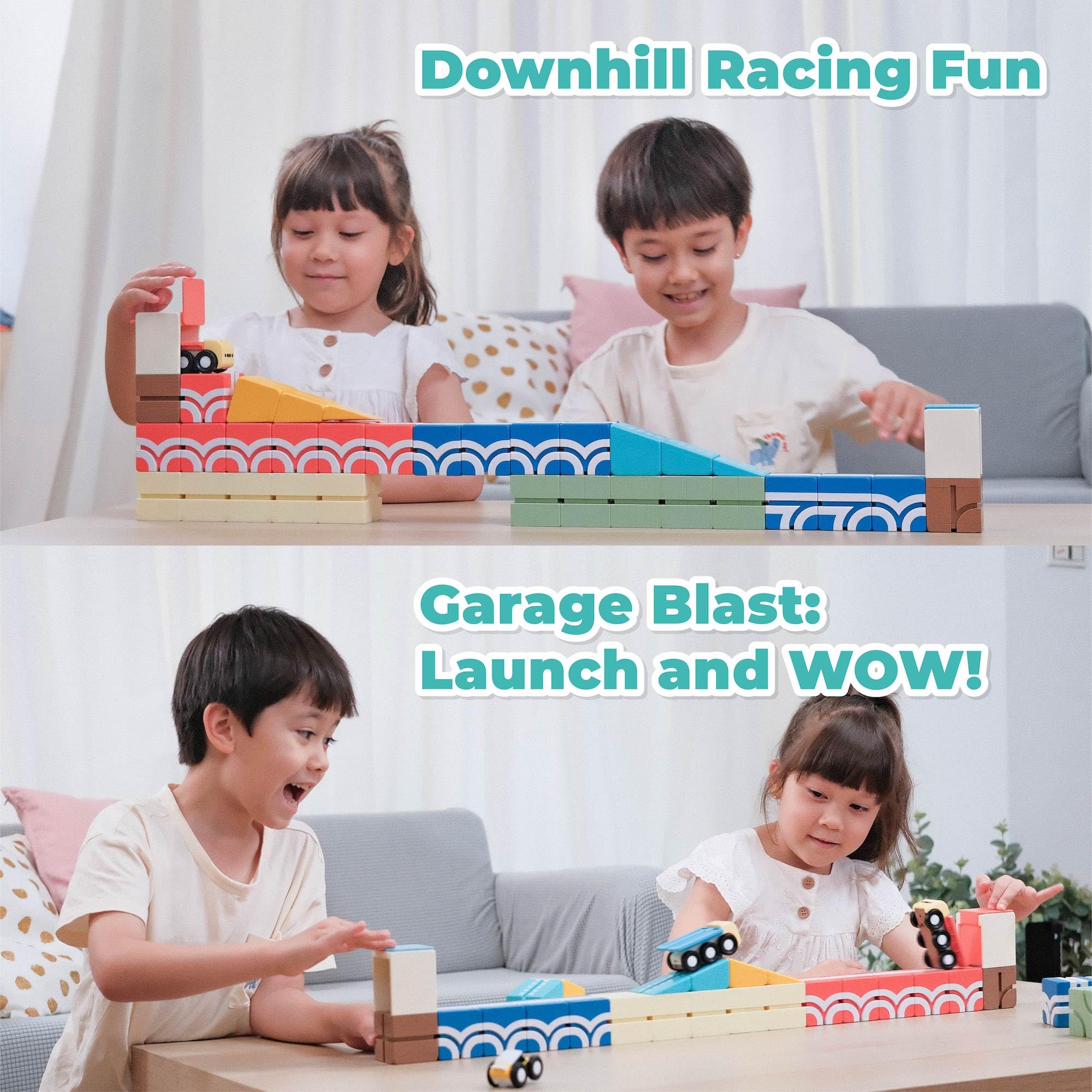 QBI Magnetische Blockschienen-Spiel-Starter-Set, 4-in-1 STEM-Bausteine mit 4 Autos und 3D-Tracks, pädagogisches sensorisches Magnetspielzeug, Vorschul-Montessori-Spielzeug für Kinder im Alter von 3, 4