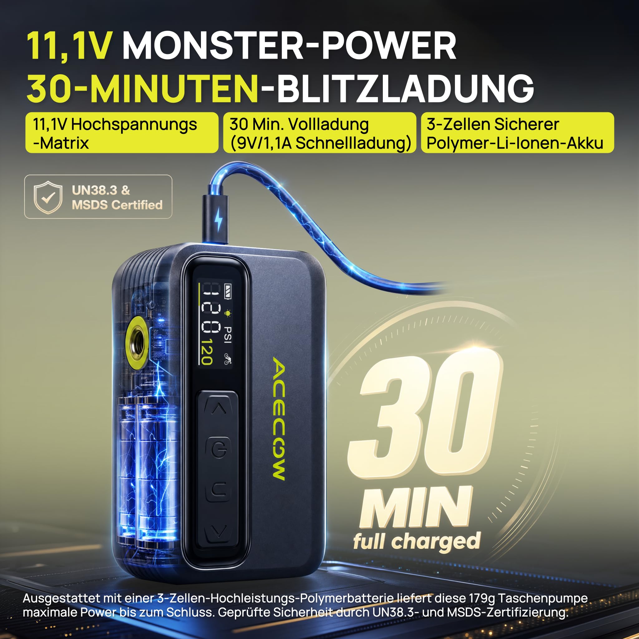 AT5Pro Mini Elektrische Fahrradpumpe, 120 PSI Akku Fahrradpumpe mit Presta und Schrader-Ventil, Auto-Stopp, Überhitzungsschutz für Rennrad, Mountainbike und E-Bike