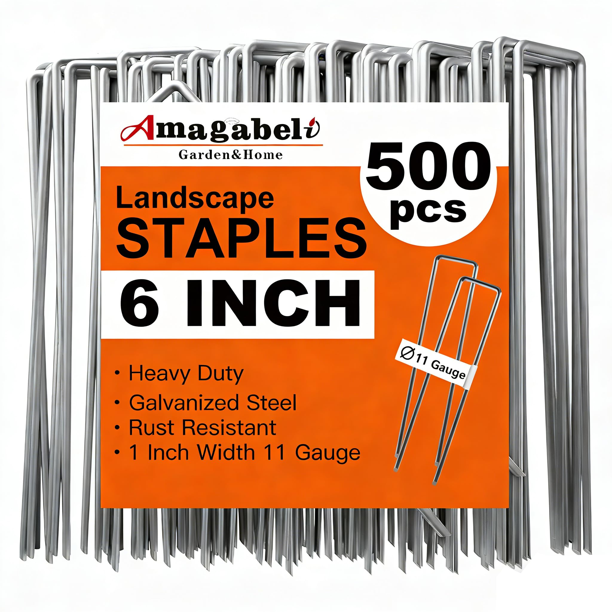 AMAGABELI 6 Inch 500 Pack Galvanized Landscape Staples 11 Gauge Anti-Rust Heavy Duty Garden Stakes Plant Cover Spikes U-Shaped Sod Pins Fence Stakes for Weed Barrier,Irrigation Tubing,Lawns,Decoration