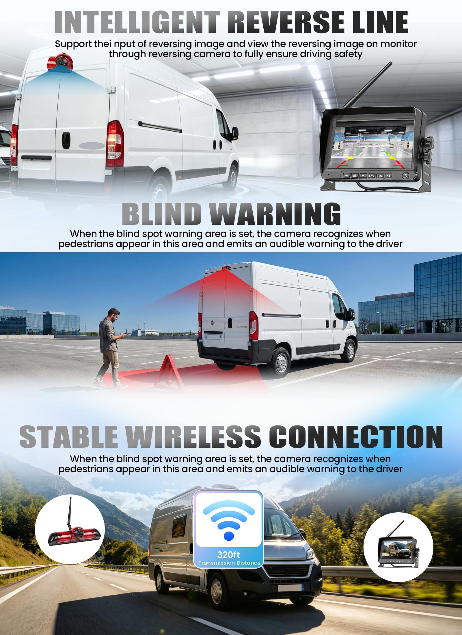CAMECHO Cámara de Marcha Atrás Inalámbrica para Fiat Ducato Late 3 Gen/Peugeot Boxer/Citroën Jumper 2006-2017, con Monitor de 7″ HD IPS, Visión Nocturna Cámara para Coche IP67 DVR BSD 140°