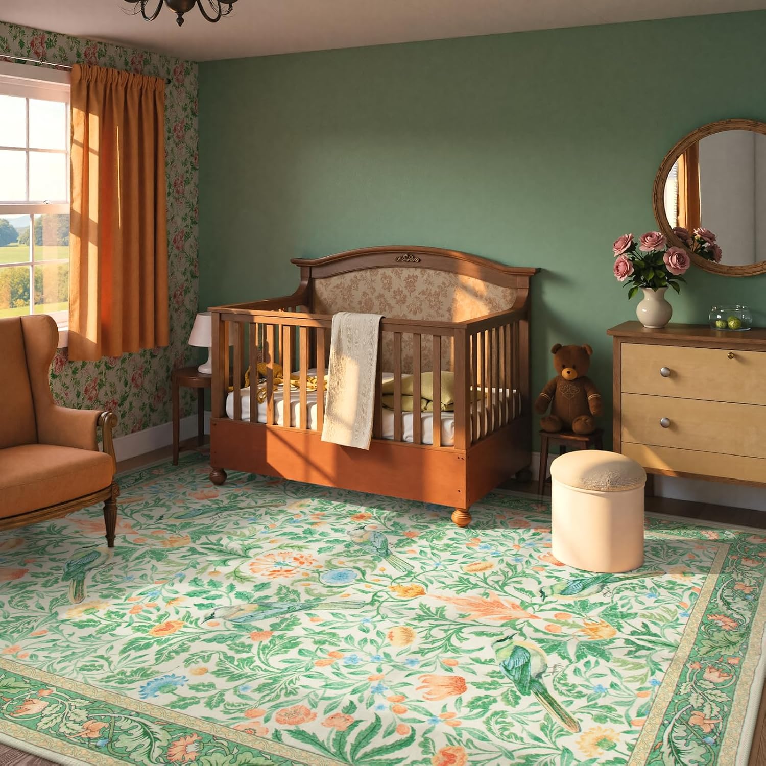 Beeiva Washable Area Rugs 5x7 for Living Room - Boho Vintage Floral Bird Dining Room Kitchen Table Rug for Under Table, Sage Green Botanical Print for Bedroom Dorm Decor Stain Resistant Non Slip - Image 8