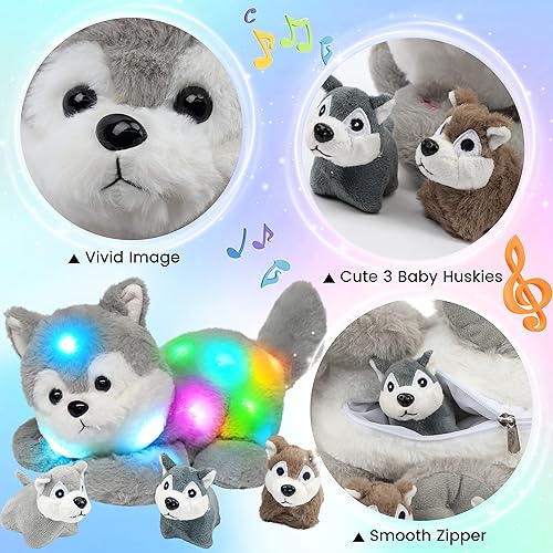 Miniatura 6 de Hopearl Husky de peluche musical con luces LED para cantar y cantar con 3 cachorros en su abdomen con volumen ajustable canción de cuna regalos
