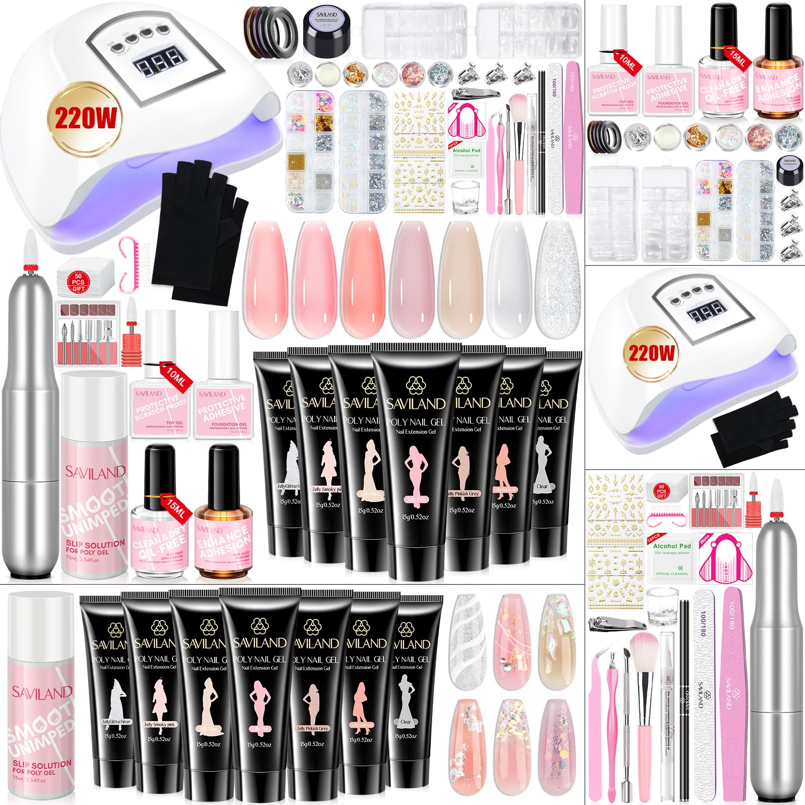 SAVILANDPoly Gel Nail Kit - 8 Colors White Nudes Pink Poly Gel with 180W U V LED Nail Lamp Base & Top Glue Gel Slip Solution and Nail Art Tools Starter Kit for Nail Extension & Enhansment Home DIY