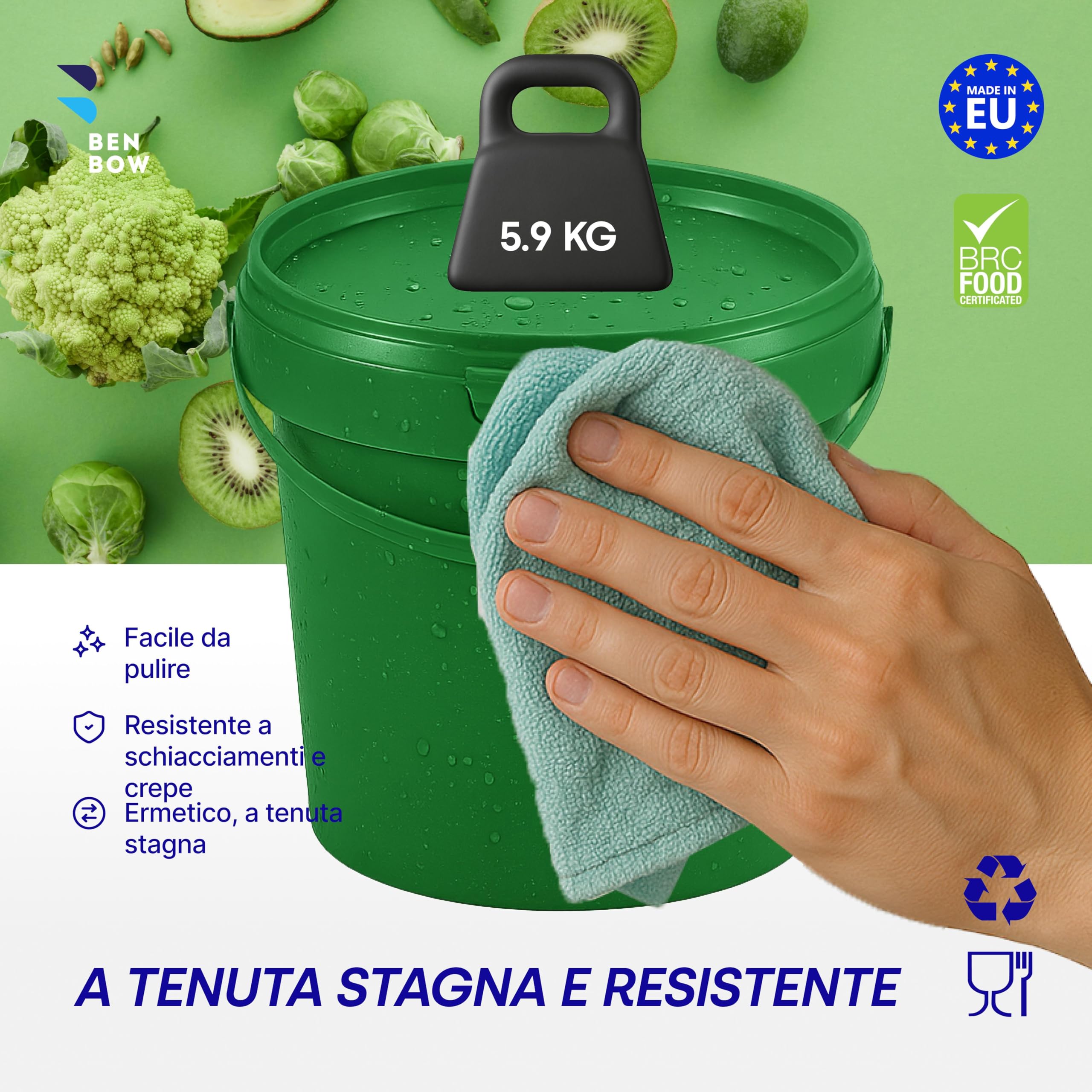BenBow Cubo con tapa 1l verde 100x 1 litros - apto para alimentos, resistente, hermético, a prueba de fugas, sin olores - contenedor de plástico para almacenamiento, con asa - vacío…