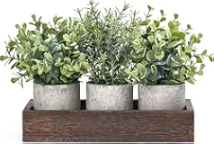 Dahey 3 Pack Mini Potted Artificial Eucalyptus Fake Plants with Wood Tray Centerpiece Table Decorations, Farmhouse Pulp Flower Pots Greenery Home Decor for Coffee Table Dining Room Office Kitchen