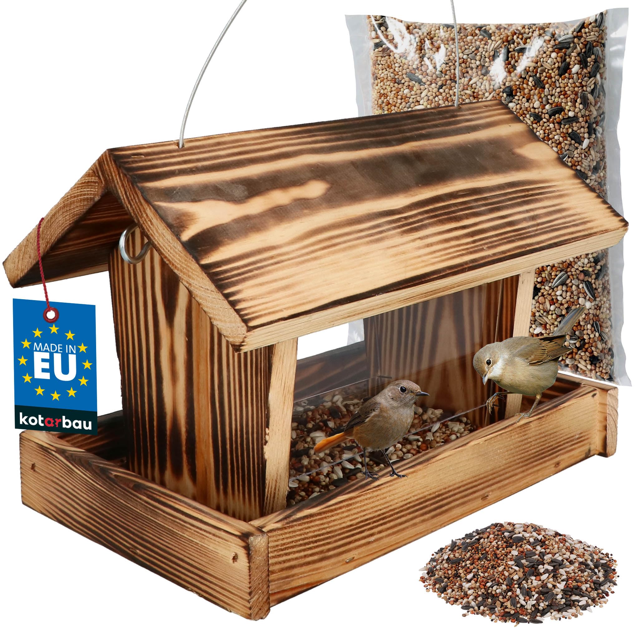 Mangeoire Oiseaux Exterieur Bois Acrylique 28x18x20 cm Naturel Suspendre Jardin