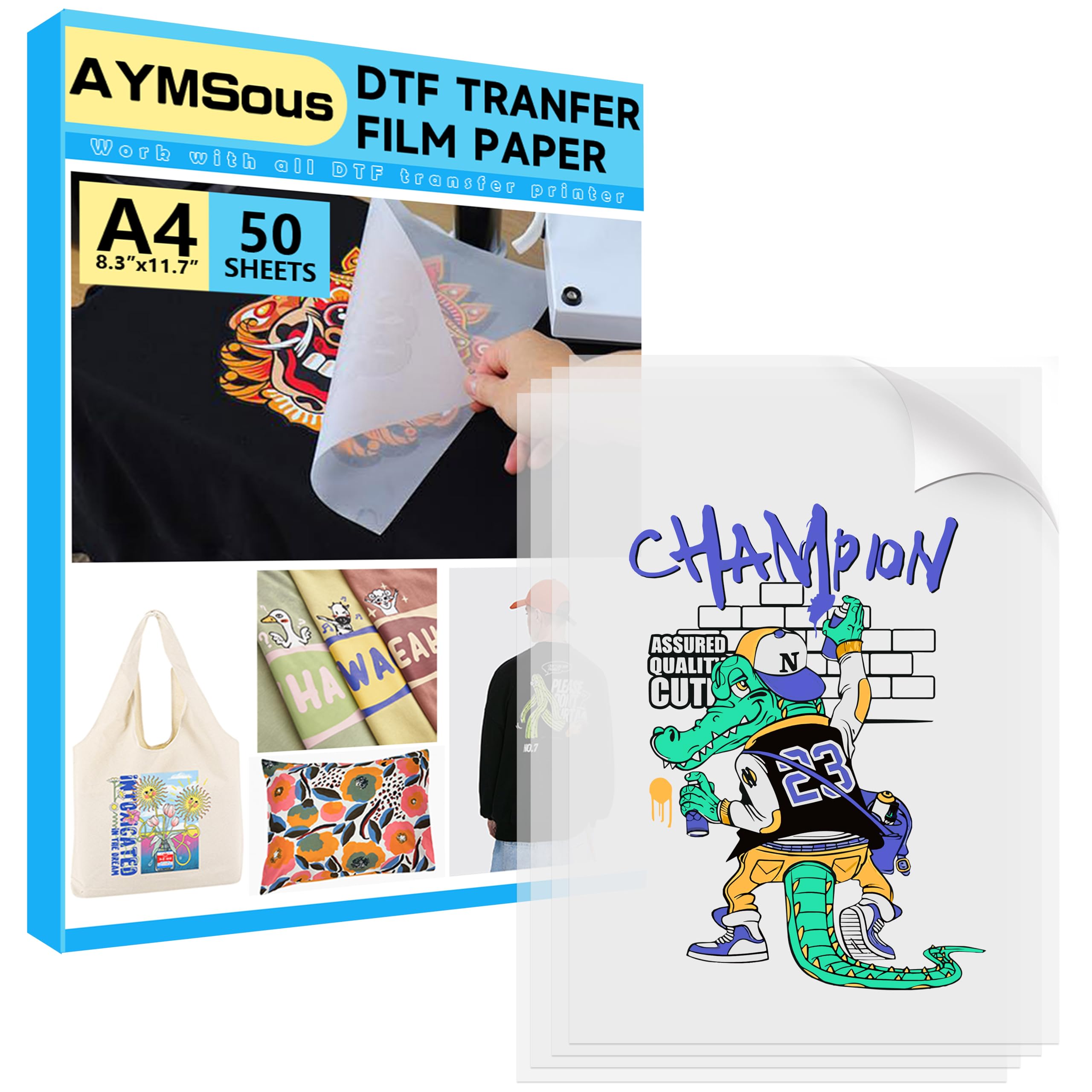 AYMSousA4 DTF Transfer Film Paper 50 Sheets 8.5" x 11.7" Double-Sided Matte Clear PreTreat Sheets PET Heat Transfer Paper, Cold and Hot Peel, direct to Film, direct Print On T Shirts Textile