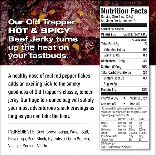 Miniatura 2 de Cecina de res Old Trapper, caliente y picante 8 onzas, paquete individual, bocadillos de carne tierna y picante para almuerzos o entre comidas, 11