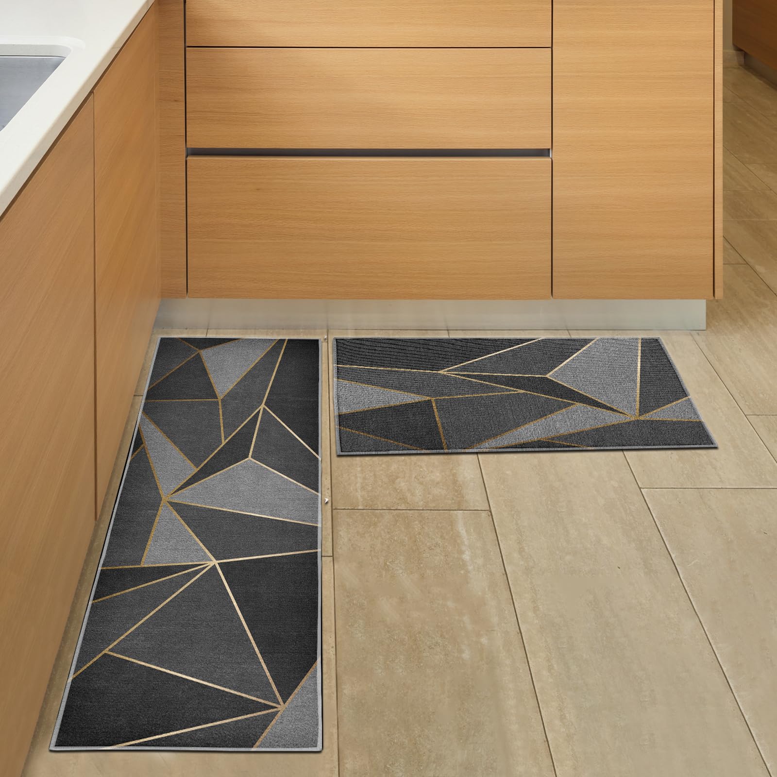 Set di 2 tappeti da cucina, antiscivolo, lavabili, anti-affaticamento, tappeti da cucina con adesivi antiscivolo per la decorazione della casa (stile L, 40 x 60 + 40 x 120 cm)