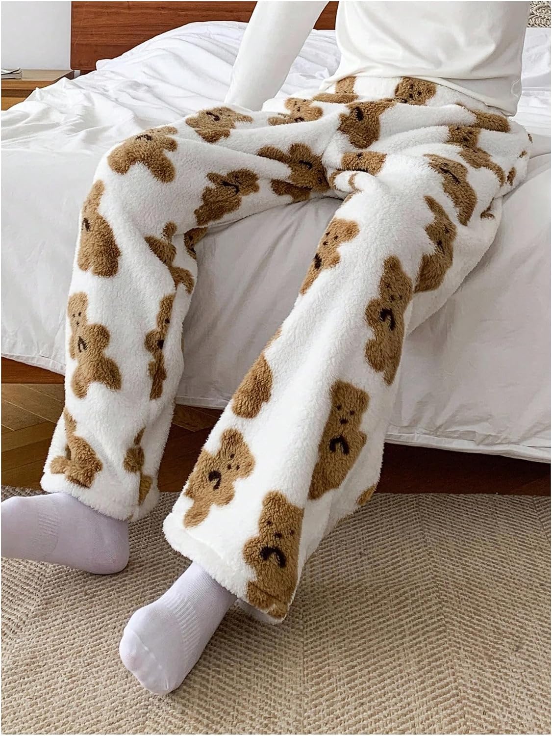 SweatyRocks Men's Bear Print Fuzzy Pajama Pants Cute Wide Leg Elastic Waist Lounge Bottoms Sleepwear