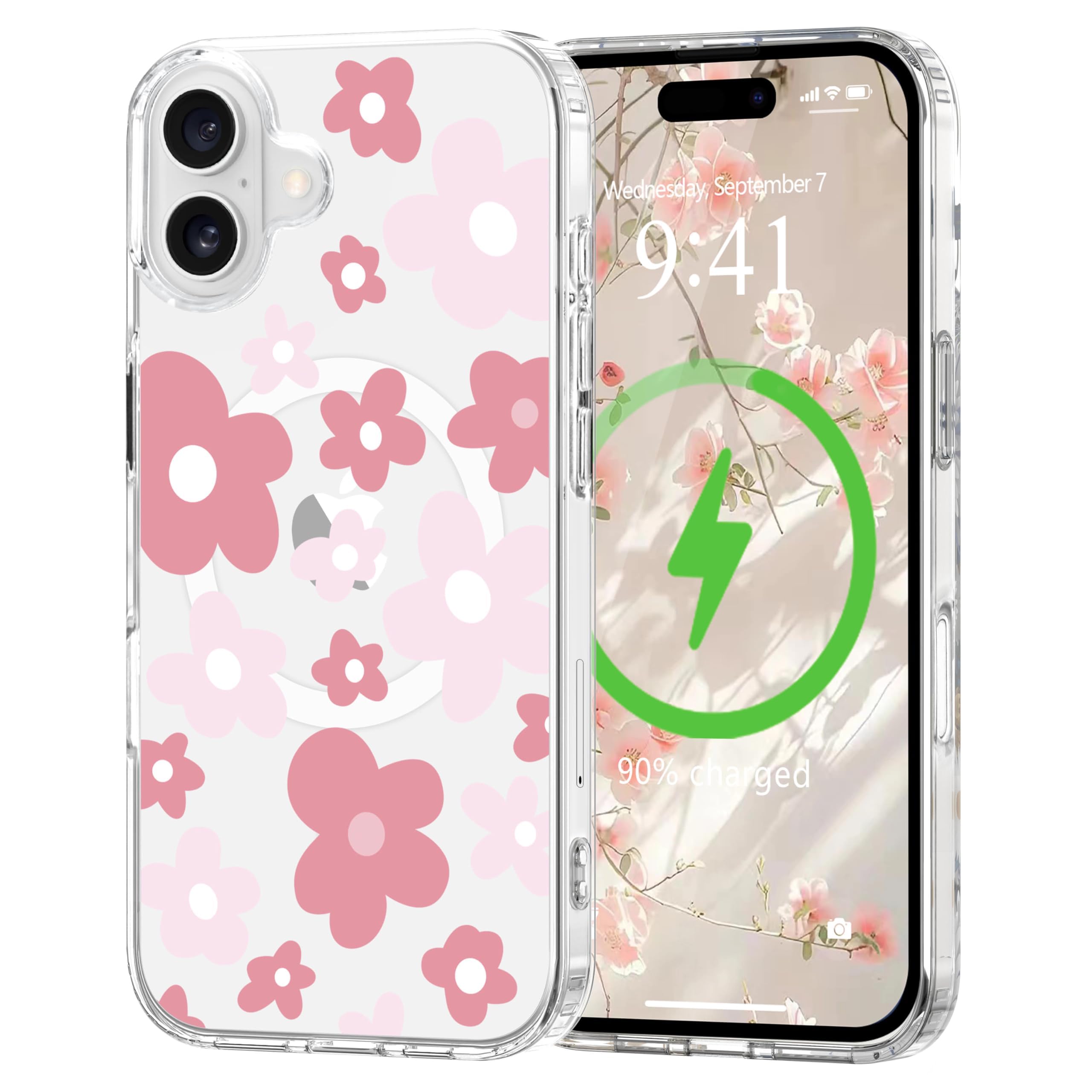 L-FADNUT for iPhone 16 Case [Compatible with Magsafe], Cute Flower Girls Women Clear Case Silicone Shockproof Protective Cover with Pretty Floral