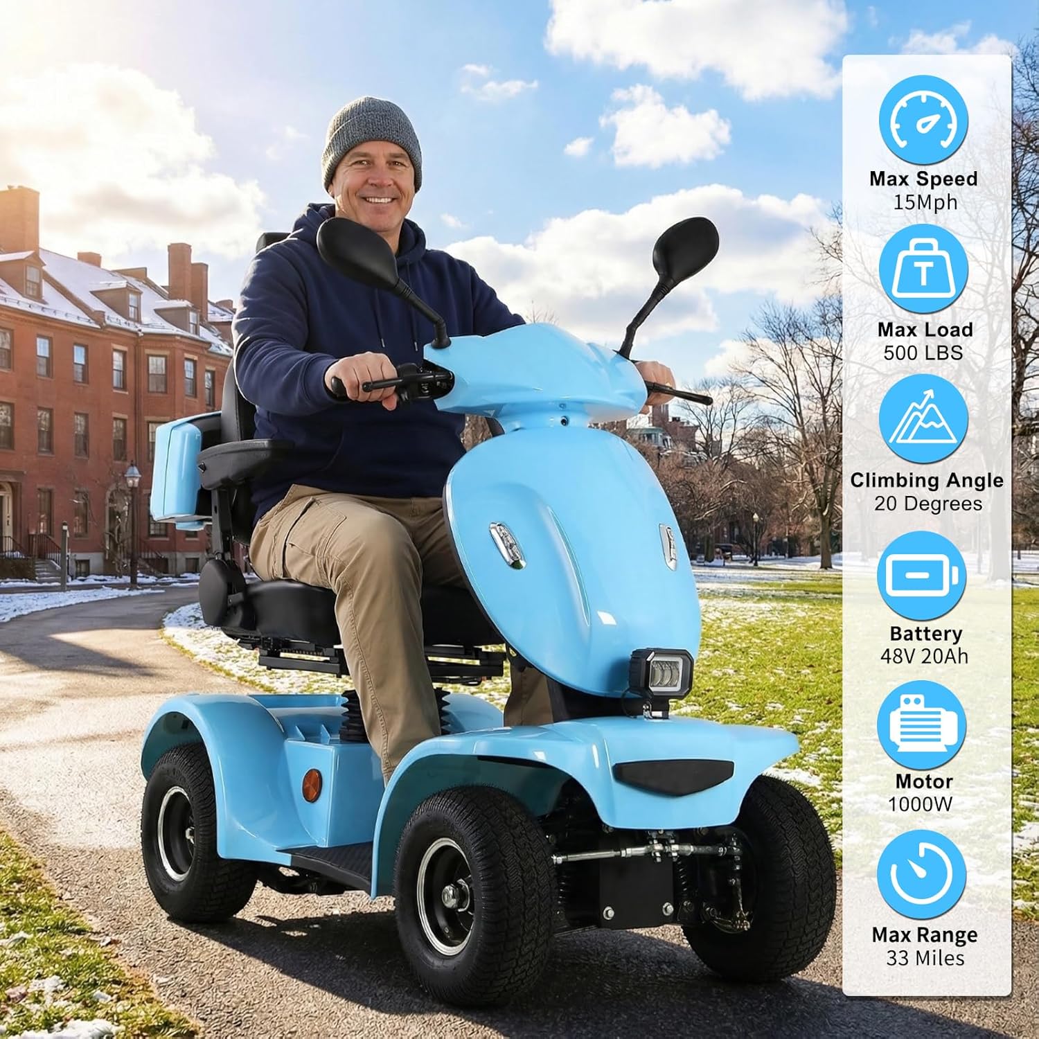 User riding the Dvsripa Mobility Scooter outdoors, with key performance metrics: Max Speed 15mph, Max Load 500 LBS, Climbing Angle 20 Degrees, Battery 48V 20Ah, Motor 1000W, Max Range 33 Miles.