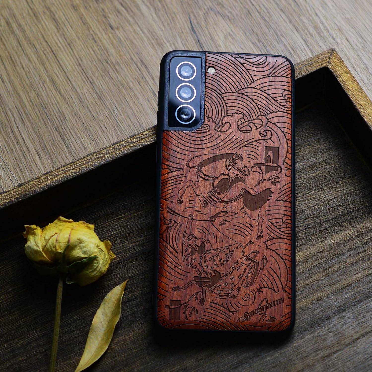 Carveit Wood Case for Galaxy S21 Case [Natural Wood & Black Soft TPU] Shockproof Hybrid Protective Unique Wooden Cover Compatible with Samsung S21 (Japanese Element-Rosy)