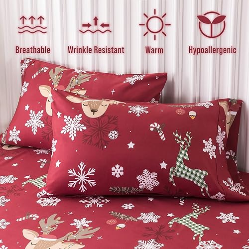 Miniatura 3 de KeoWin Juego de sábanas tamaño matrimonial súper suave con patrón navideño, juego de sábanas de microfibra con 18 bolsillos profundos, juego de