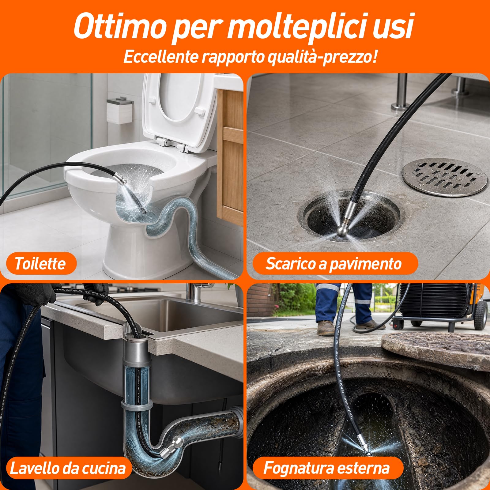 30M Sonda Sturatubi per Idropulitrice Lavor&Kärcher&Bosch AQT | Connessione da 1/8 di pollice Tubo per Idropulizia Fognature con Ugello Compatto e Rotante