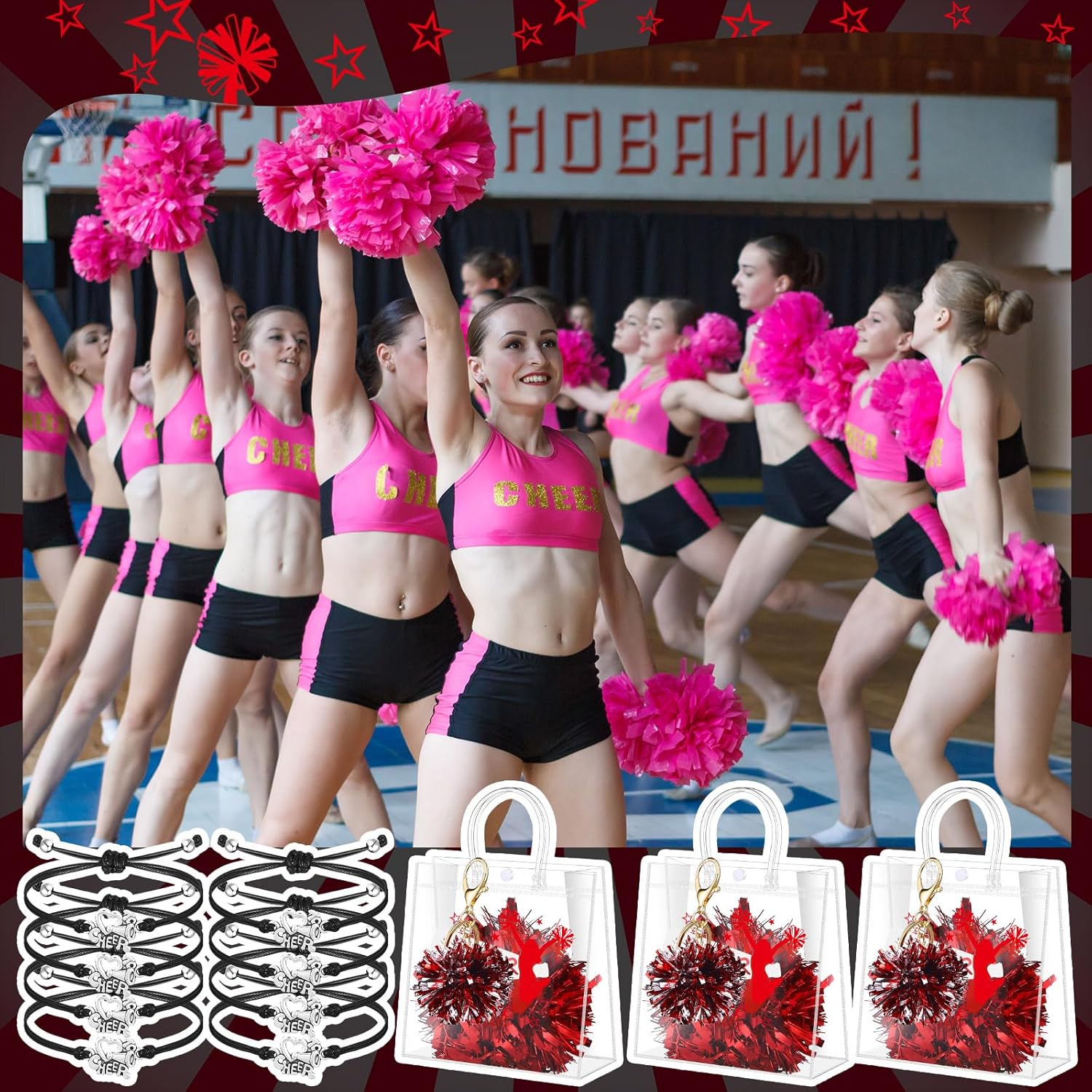 Landical 72 Pcs Cheerleading Gifts Set 24 Cheer Bags 24 Pom Pom Keychain 24 Cheerleader Bracelet, PVC Transparent Tote Bags Bulk Accessories for Women Teammate Team Coach Gift