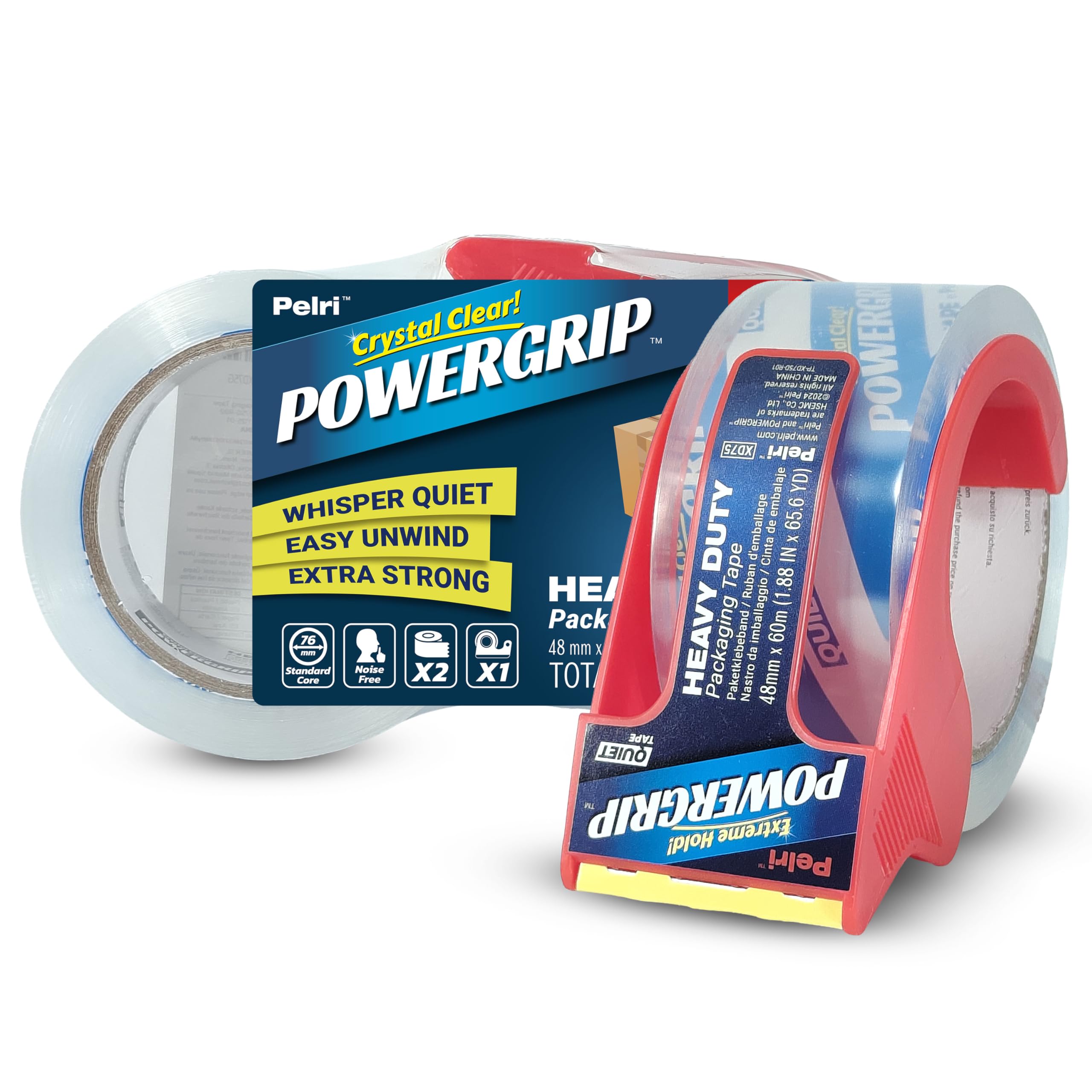 Pelri POWERGRIP Geräuscharmes Paketklebeband – Paketband Transparent & Extra Stark – 2 Rollen mit Abroller (120m Gesamt, 60m x 48mm) – Reißfestes Klebeband für Versand, Verpackungen & Umzug