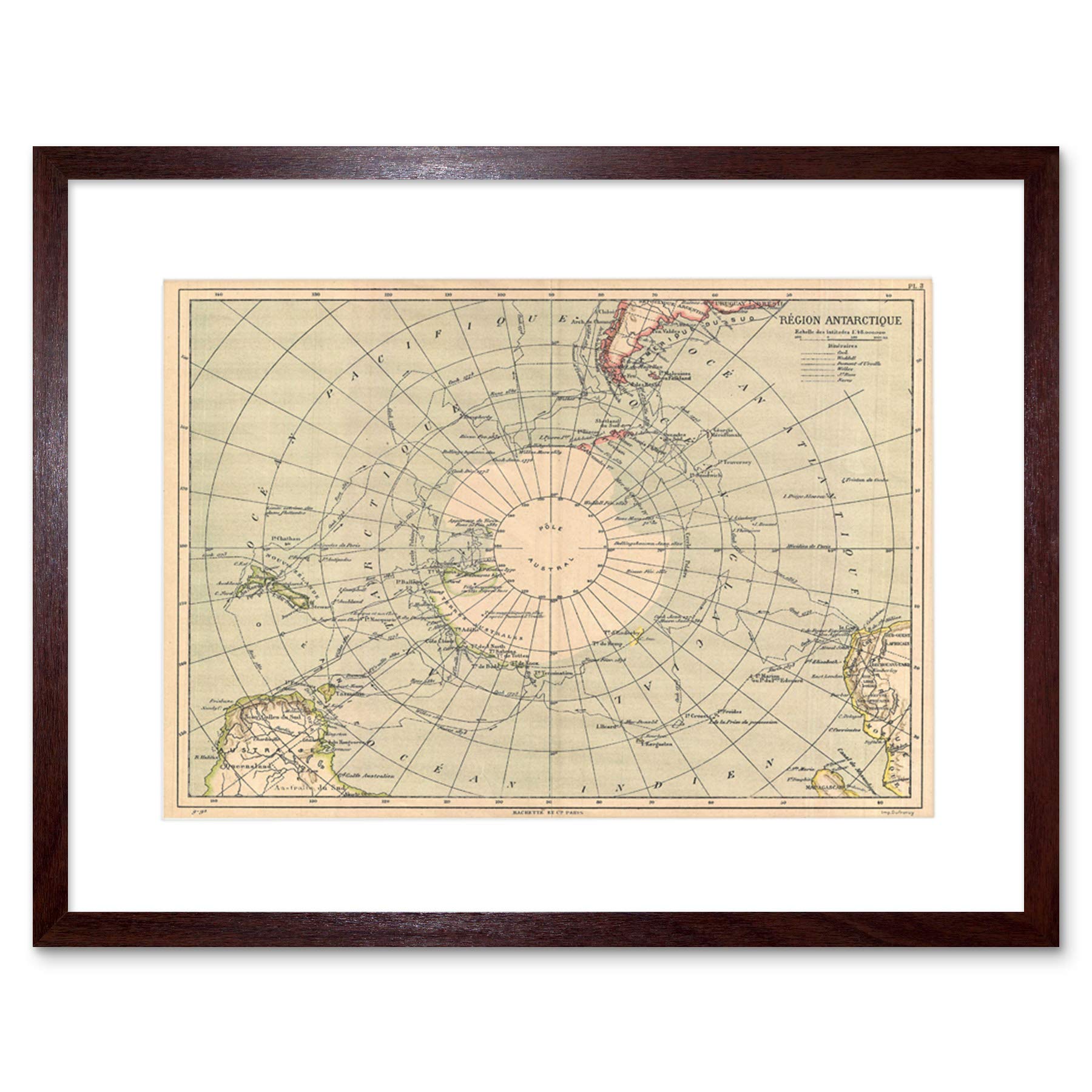 Wee Blue Coo MAP ILLUSTRATED ANTIQUE HACHETTE ANTARCTICA FRAMED ART PRINT B12X4933
