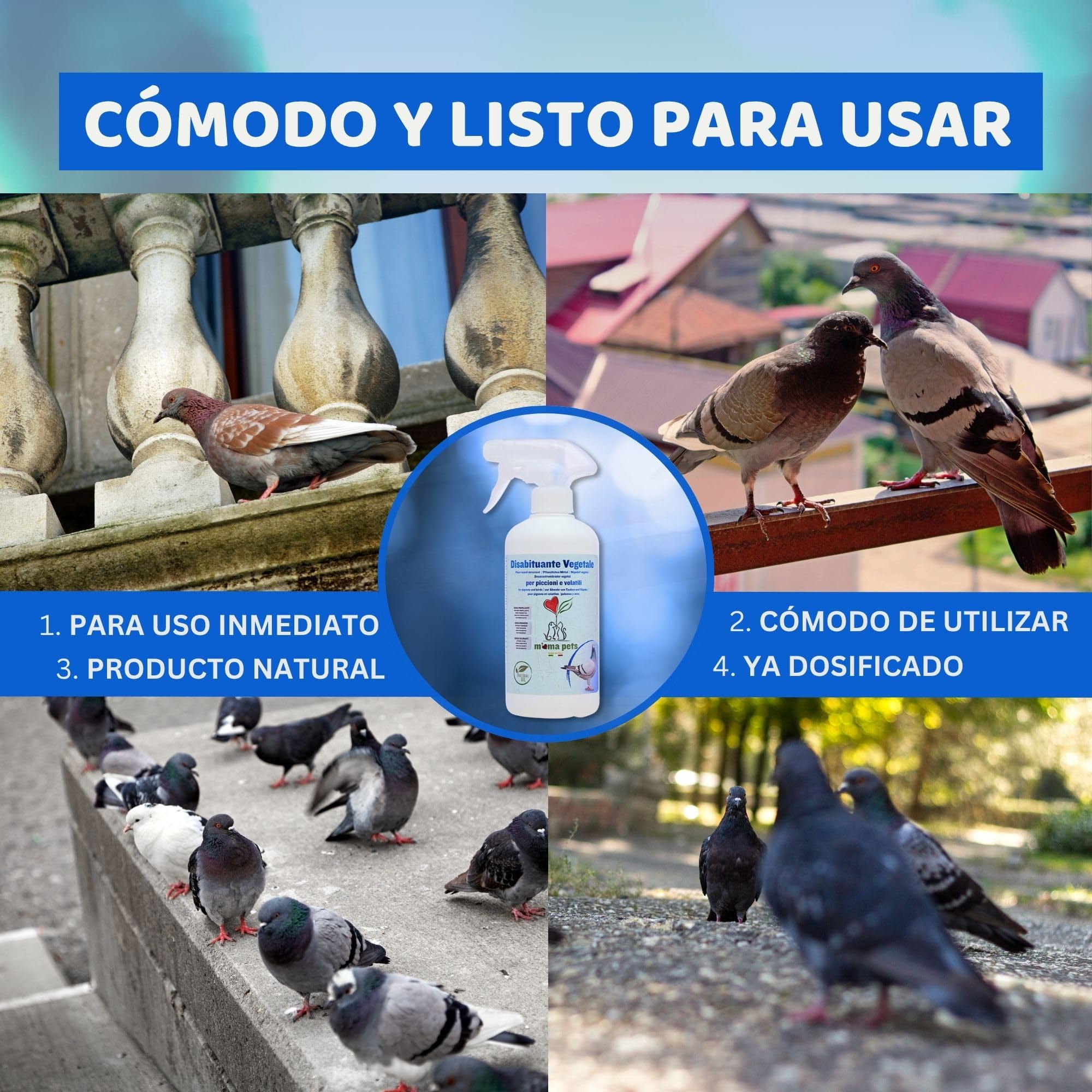 Mama Pets Spray Repelente Natural para Palomas, Pájaros, Gaviotas y Avès, Disuasor para Exteriores: Ventanas, Alféizares, Terrazas, Balcones y Barcos, 500 ml