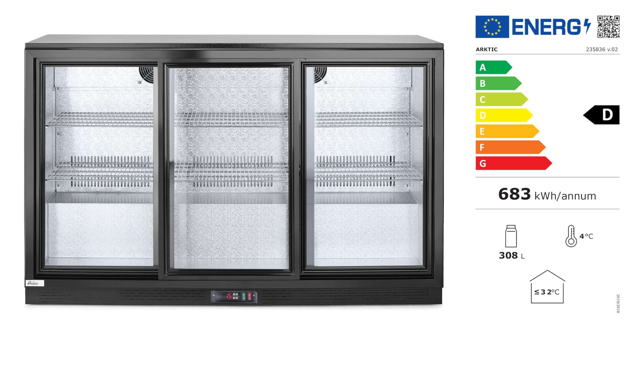HENDI Refrigerador bajo mostrador para bebidas Arktic, puertas correderas triples, 254L, 0–10°C, 220V, 160W, 1350x520x(H) 865mm, acero con recubrimiento en polvo negro