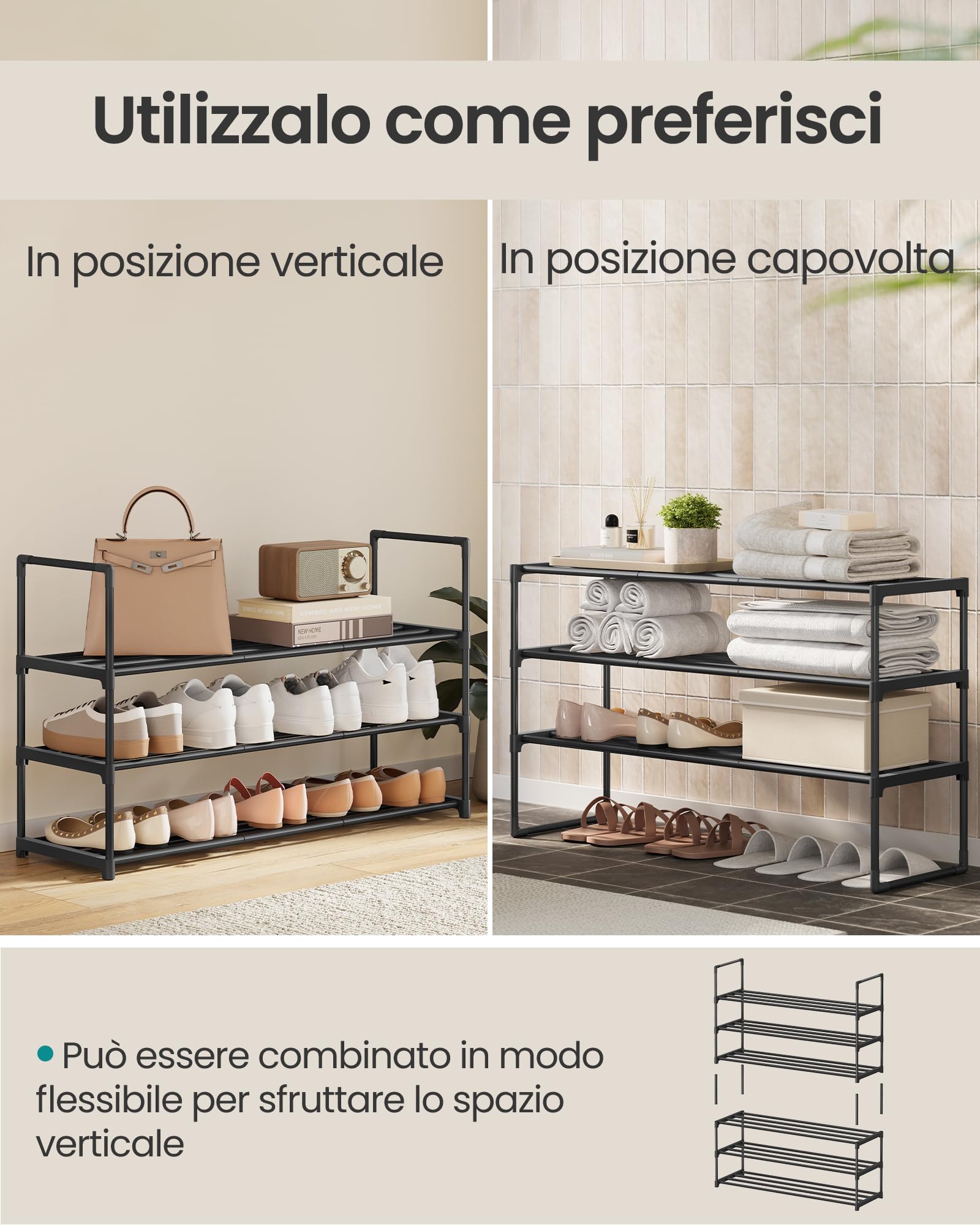 SONGMICS Scarpiera a 3 Ripiani, Scaffale Portascarpe in Metallo, per 16-20 Paia di Scarpe, Verticale o Capovolto, Impilabile, Ingresso, 30 x 92 x 55 cm, Nero LSA303B02