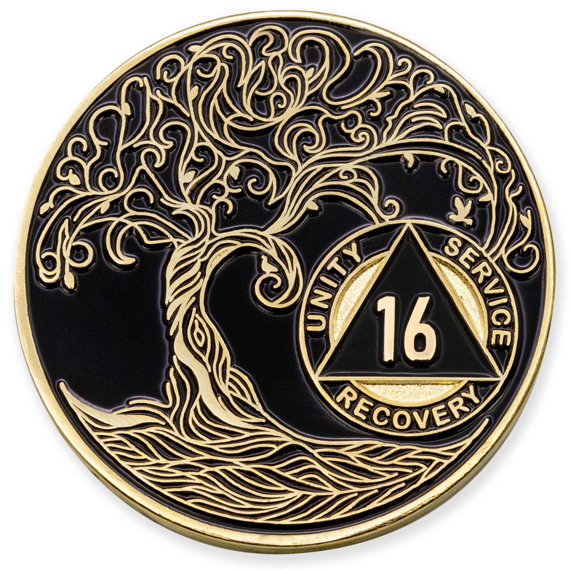 1 to 50 Year Twisted Tree of Life Sobriety Coin - Gold Plated AA Chips &amp; Medallions - 16 Year Sobriety Coin - Black