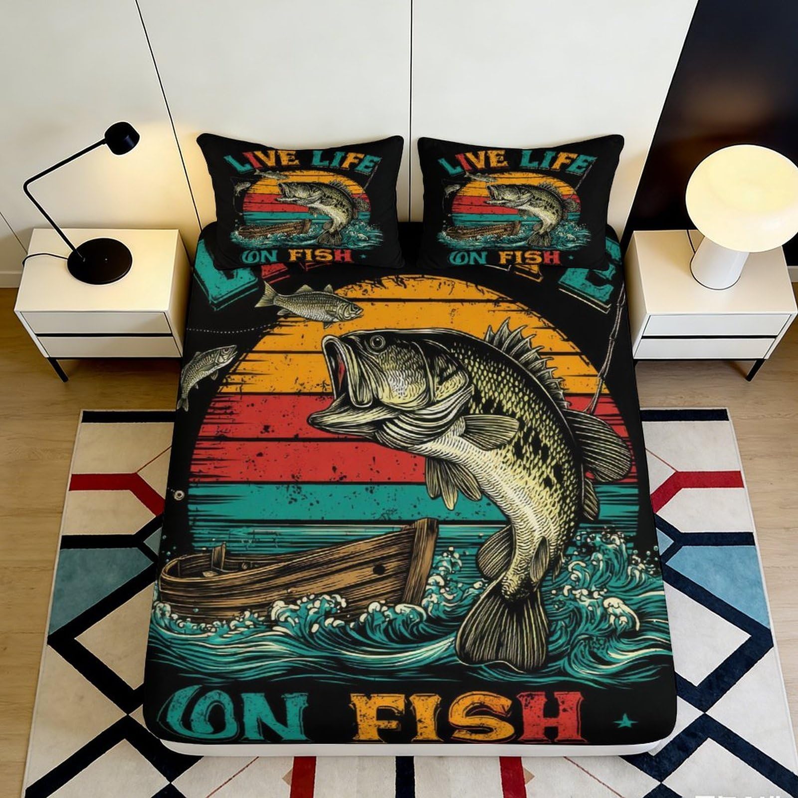 3D Printed Jumping Bass Fitted Sheet Microfiber Lake Sunset Boat Mattress Cover for Bedroom Guest Room Decor 90x200x25cm