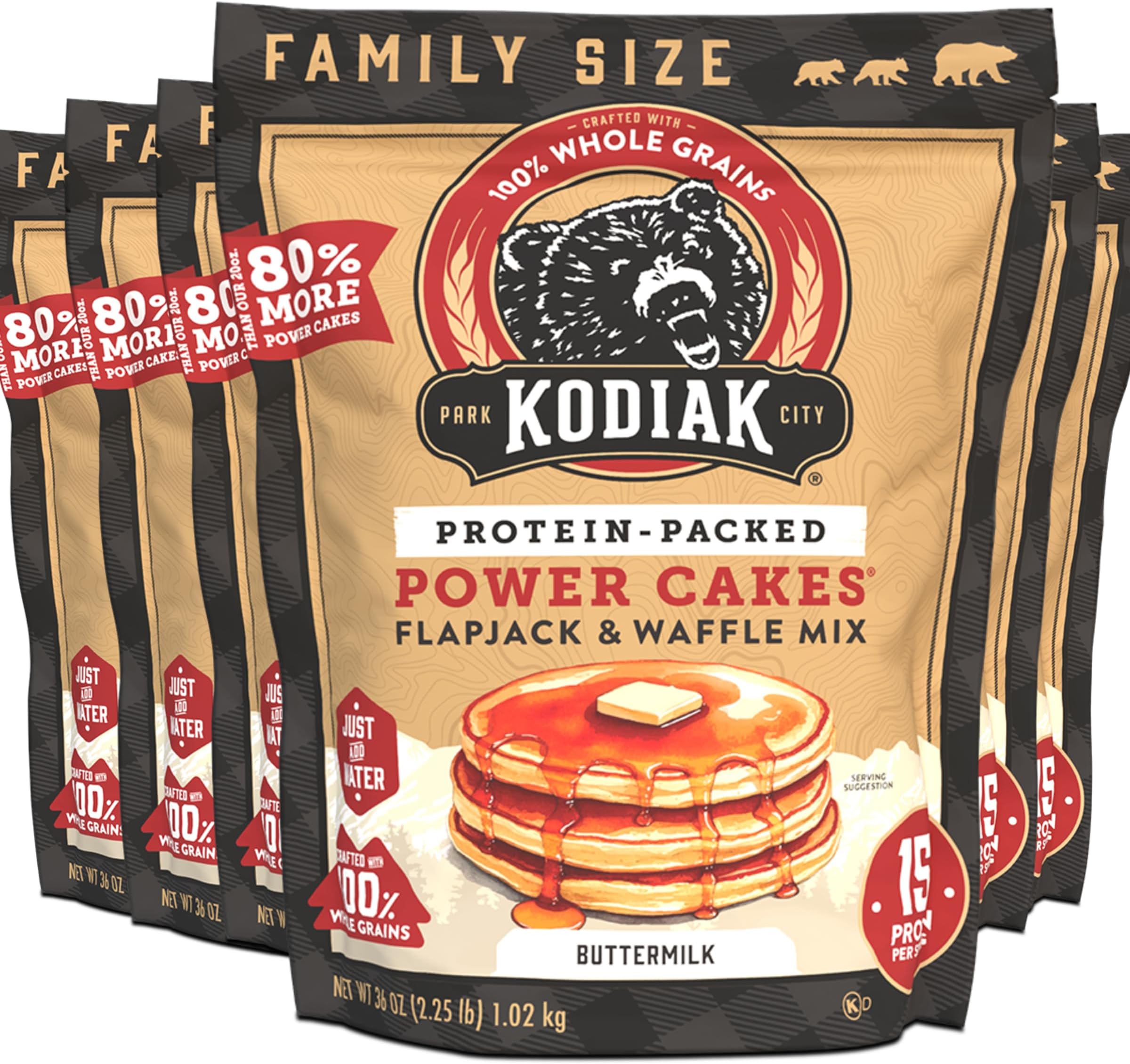 Kodiak Grizzly Size Power Cakes Mix, Buttermilk, High Protein,100% Whole Grains (Pack of 6 Bags)