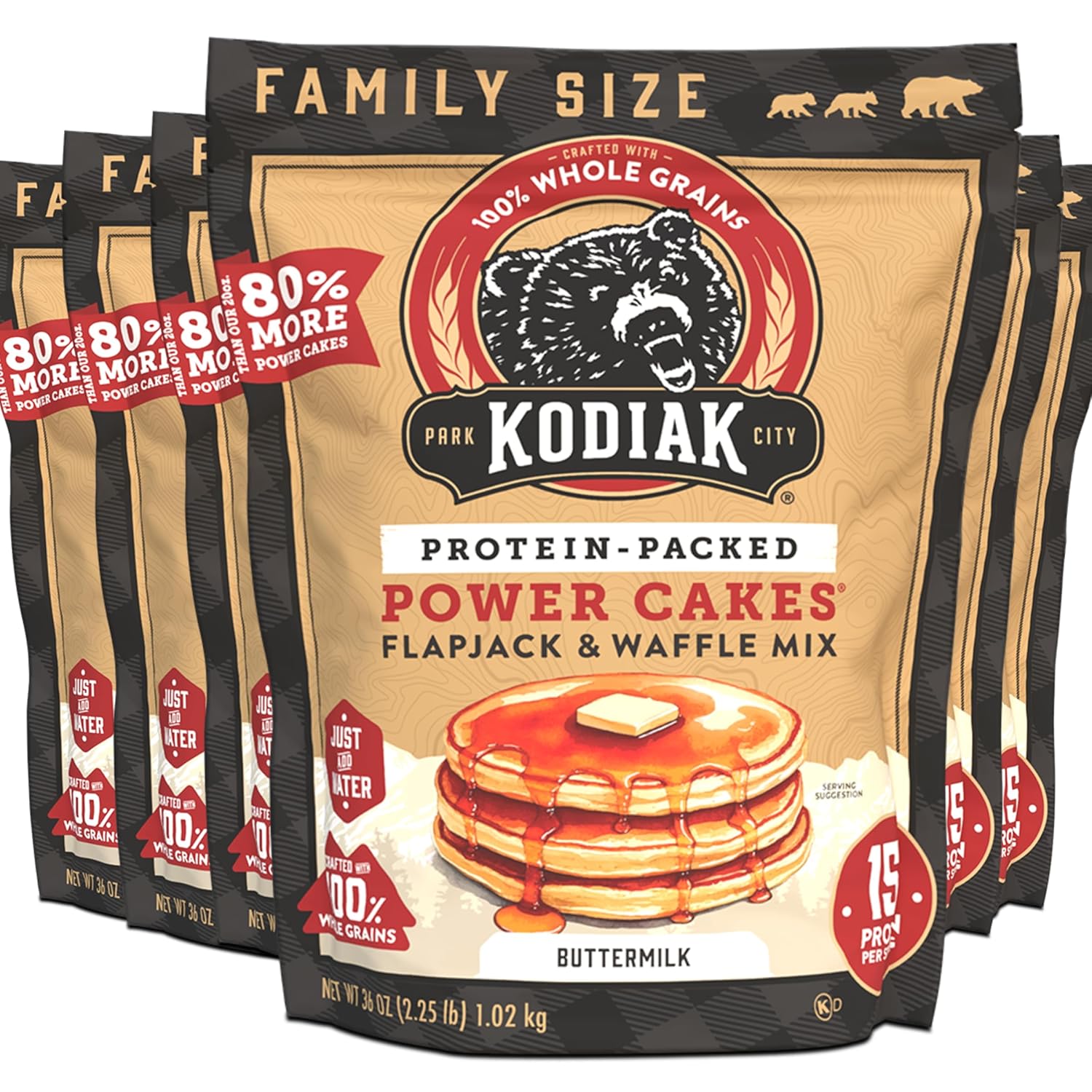 Kodiak Grizzly Size Power Cakes Mix, Buttermilk, High Protein,100% Whole Grains (Pack of 6 Bags)