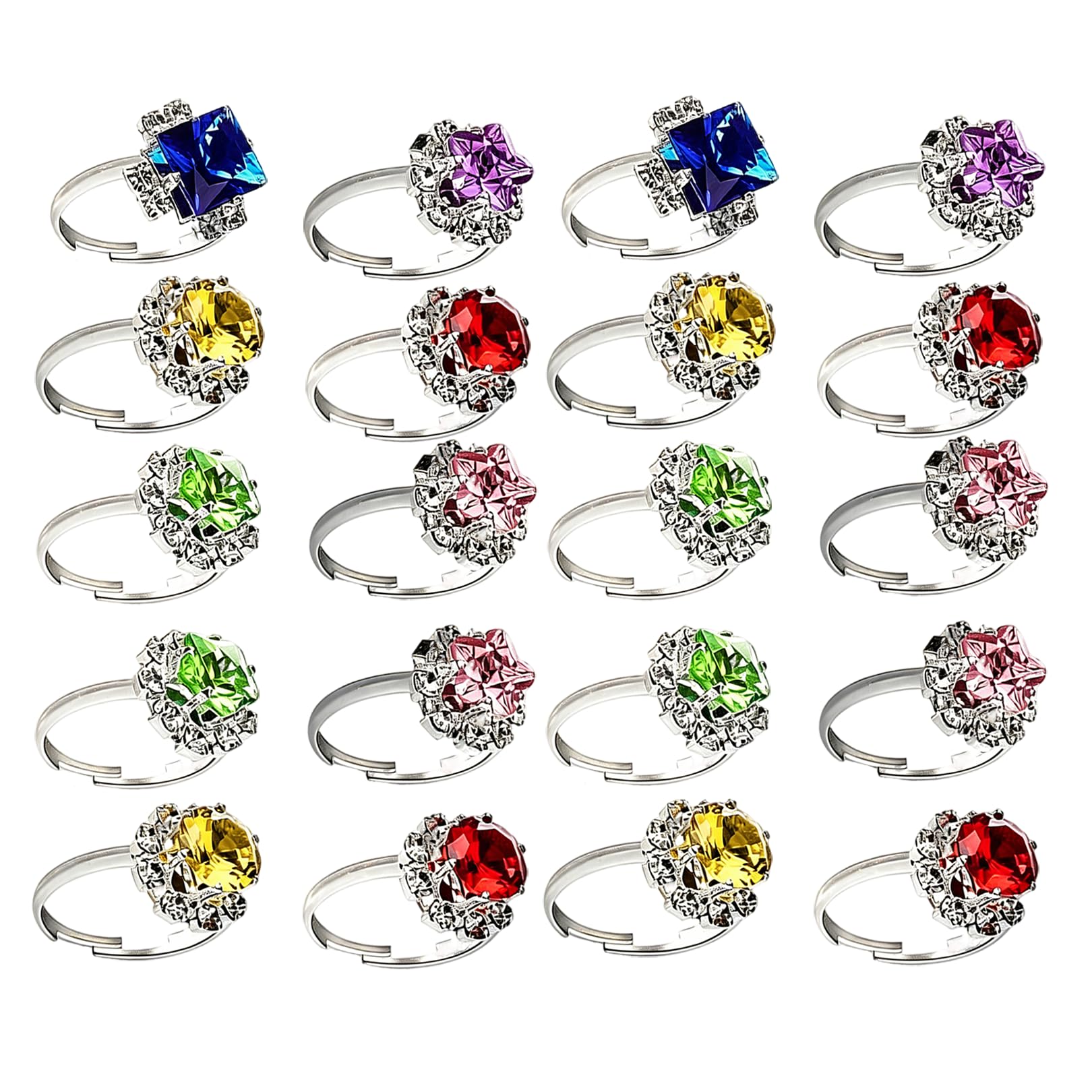 20Pcs Crystal Adjustable Rings Set,Shiny Kids Rings for Girls Pretend Play