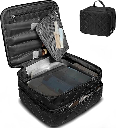 Miniatura 9 de Bolsa de maquillaje de viaje para mujer, bolsa de maquillaje grande portátil con doble capa, bolsa de cosméticos con múltiples compartimentos y