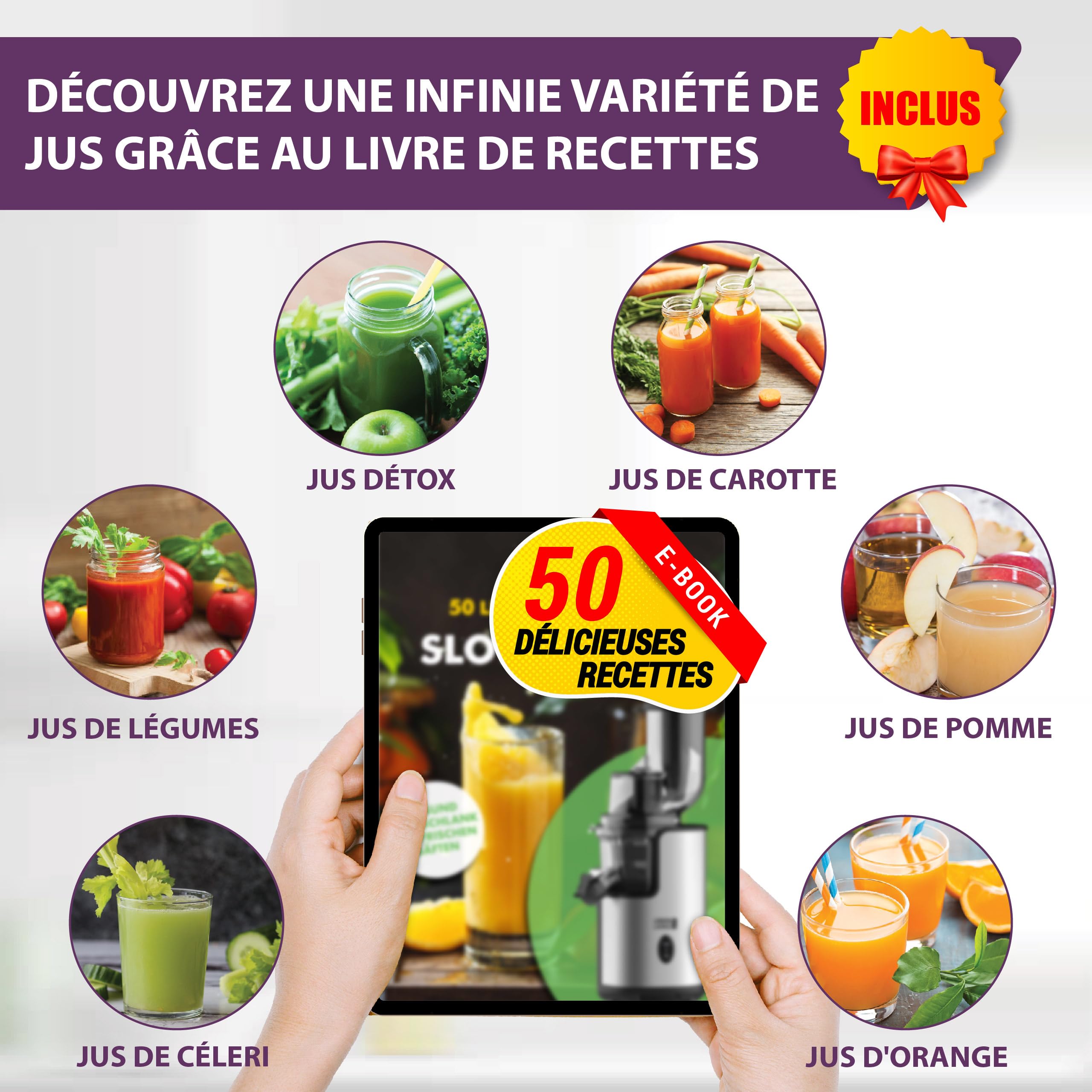 Extracteur De Jus LEBENLANG Vitesse Lente - Presse à Froid | Acier Inox Sans BPA | Haut Rendement | Livre Recettes Inclus