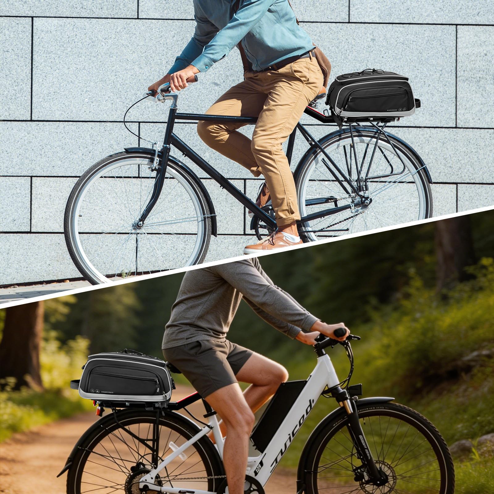 RAINSMORE Borsa Bici Posteriore 15L-23L Espandibile, Borsa Portapacchi Bici Impermeabile e Riflettente con Copertura Antipioggia e Tracolla, Bici per MTB, E-Bike e City Bike Nero