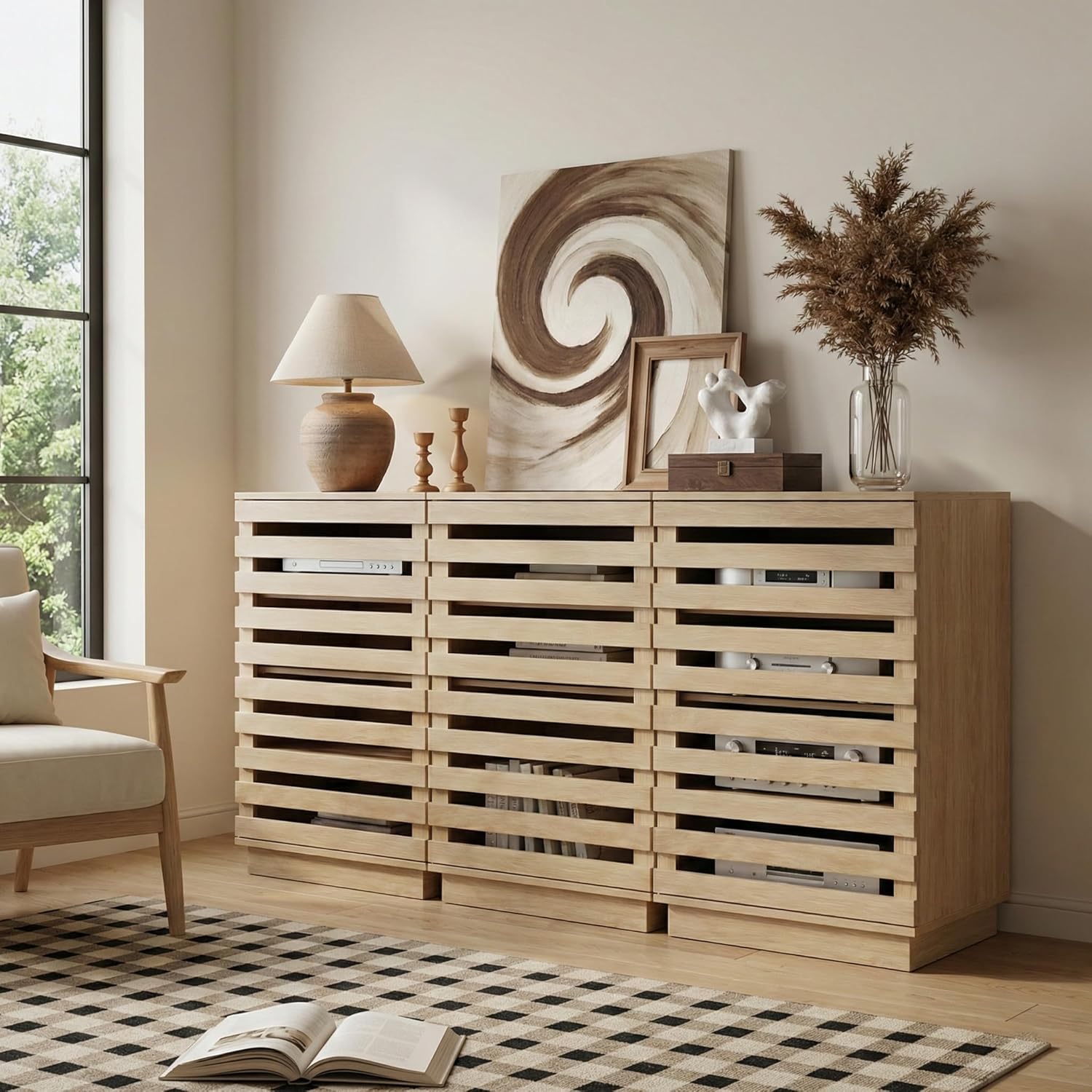 holzart Modern Slatted Wood Audio Component Cabinet, 4-Tier Stereo Equipment Rack Media Stand with Ventilated Door & Cable Management, Oak Finish 35.4" Tall