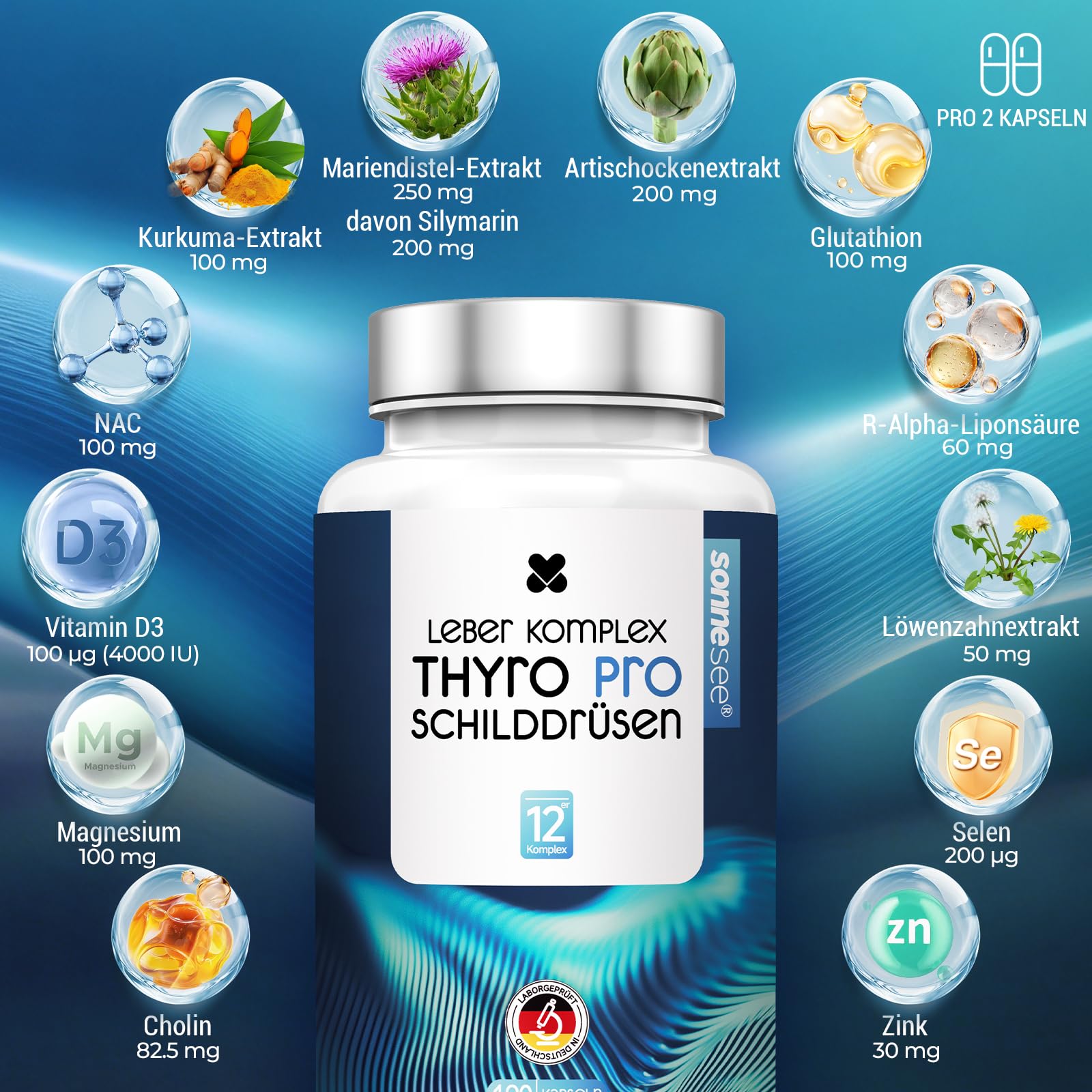 Thyro Pro Schilddrüsen & Leber Komplex Hochdosiert mit Selen Cholin 120 Kapseln (60 Tage Vorrat) Mit Mariendistel, Artischocke & NAC Unterstützt den Nährstoff-Umwandlungsprozess Vegan & Laborgeprüft