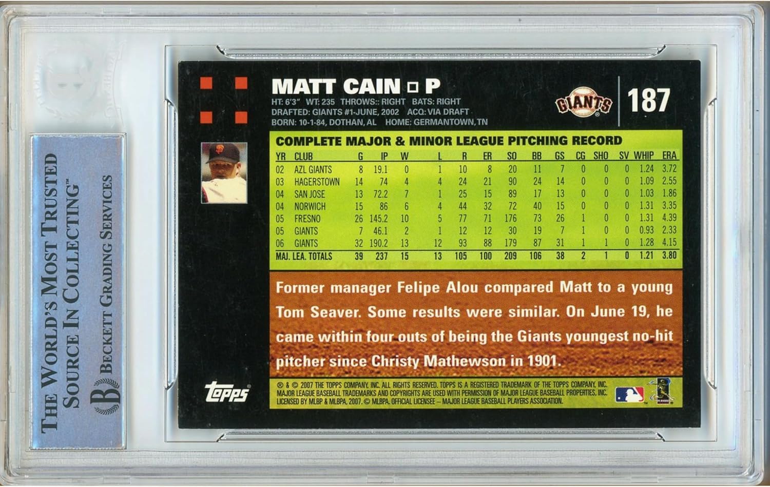Matt Cain Autographed 2007 Topps #187 Baseball Trading Card Slab Beckett BAS Authentic Slabbed COA Played For San Francisco Giants MLB