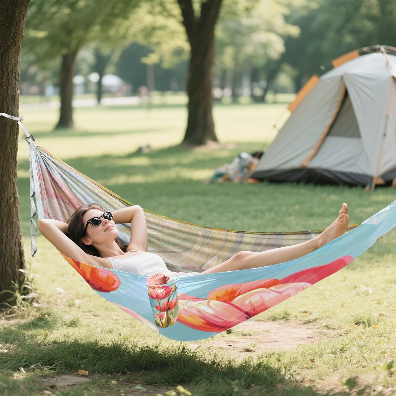 ALAZA Tulip Flower Floral Painting Camping Hammocks Single or 2 Person 500 lbs Portable Parachute Travel Hammock w/Tree Straps for Hiking Backpacking Indoor Outdoor